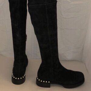 38.5/7.5❤️ITALY Black Stretch Suede Leather Over Knee Biker Flat Tall OTK Boots